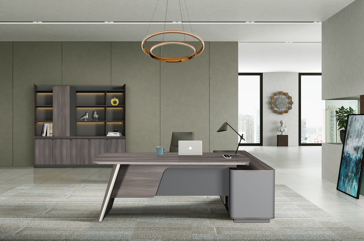 Wood Manager Desk with Return Unit — Dark Grey