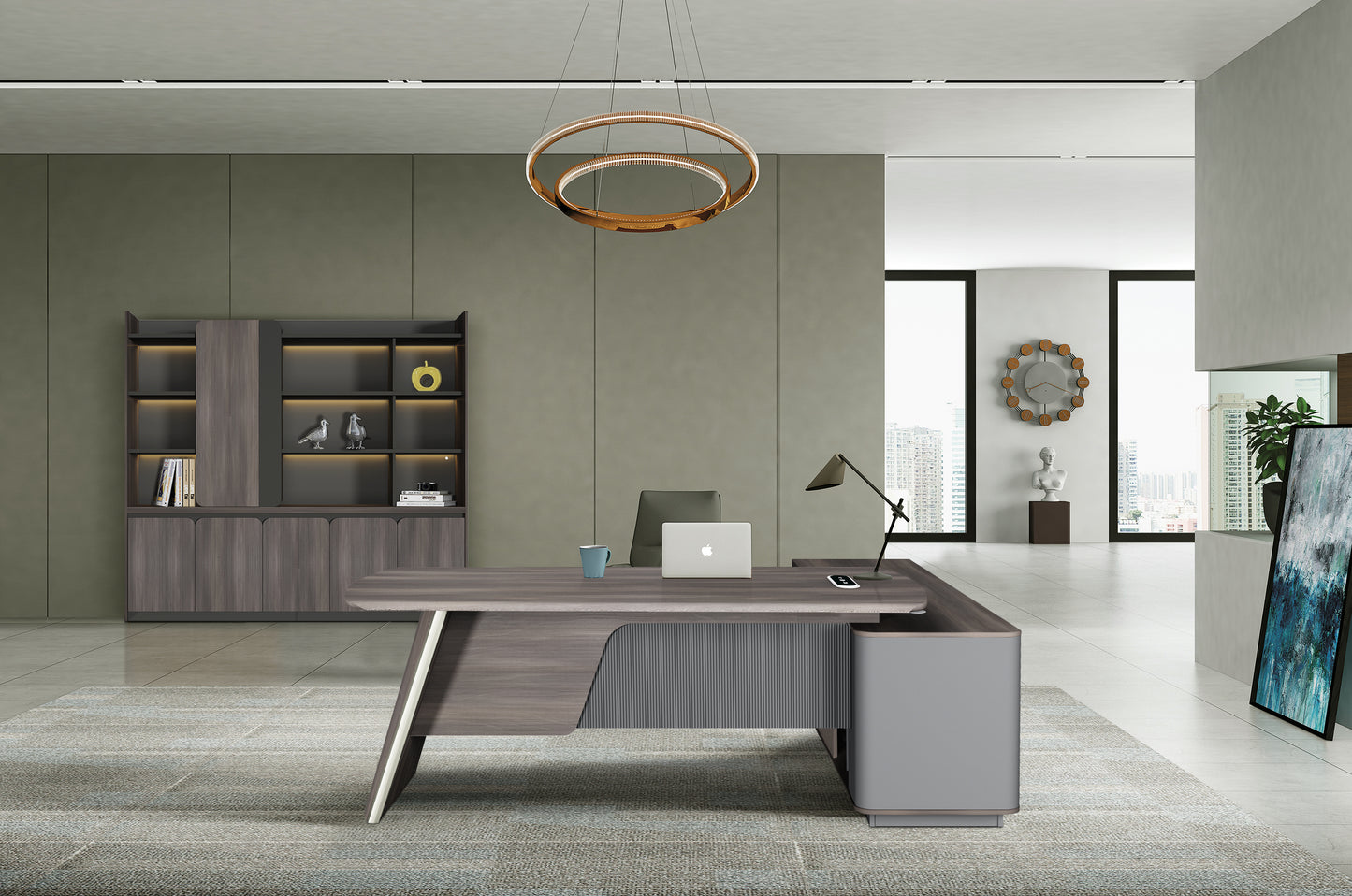 Wood Manager Desk with Return Unit — Dark Grey