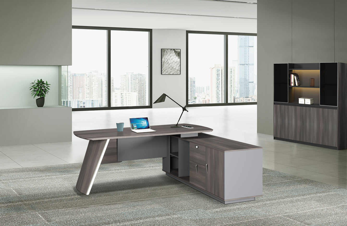Wood Manager Desk with Return Unit — Dark Grey