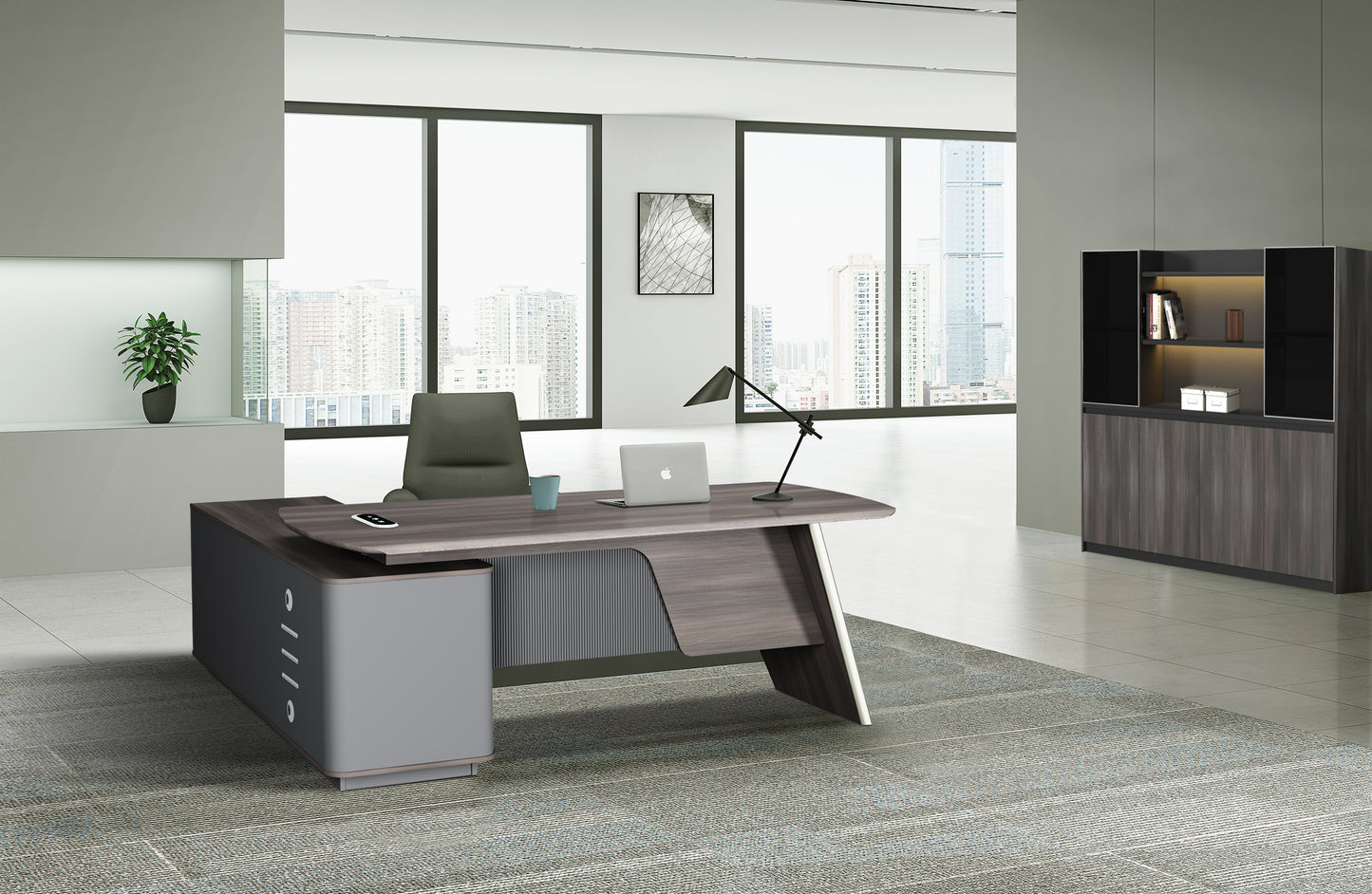 Wood Manager Desk with Return Unit — Dark Grey